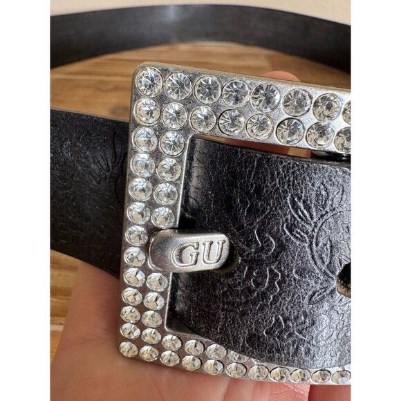 Guess Vintage Black Tooled Leather Oversized Square Silver Rhinestone Belt XL - Picture 4 of 11